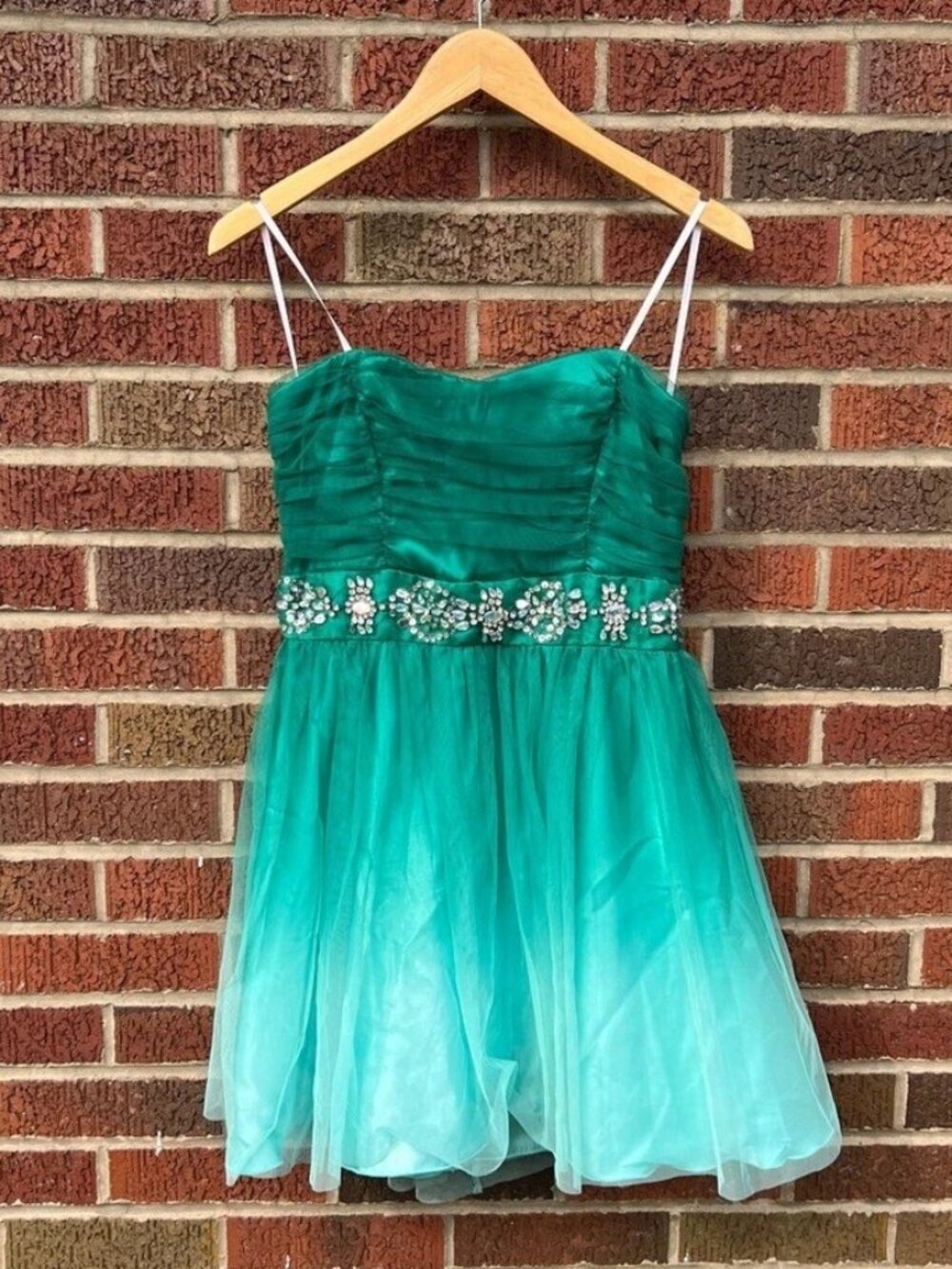B. Darlin Dark Green and Light Green Ombré Tulle Rhinestone Sweetheart Dress